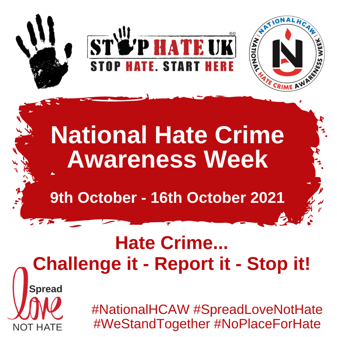 National Hate Crime Awareness Week Logo with hate crime, challenge it, report it, stop it.