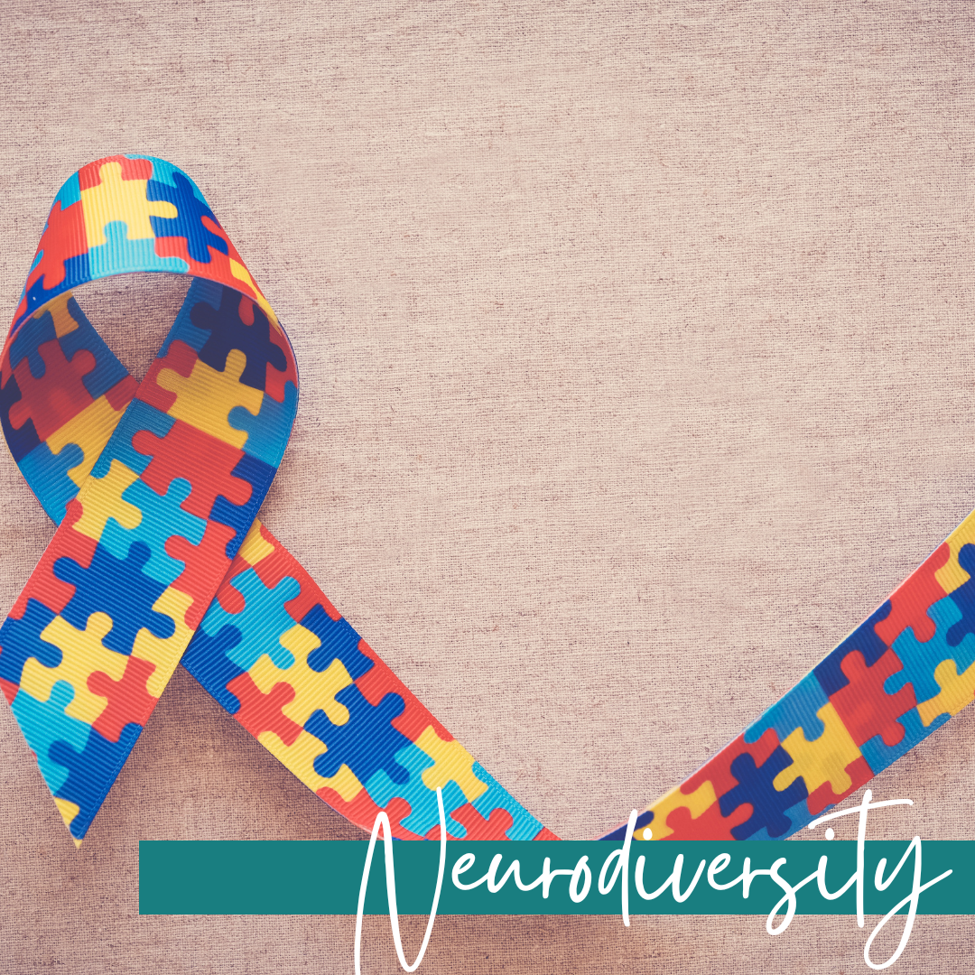 image of jigsaw puzzle piece ribbon with banner with the words Neurodiversity on it.