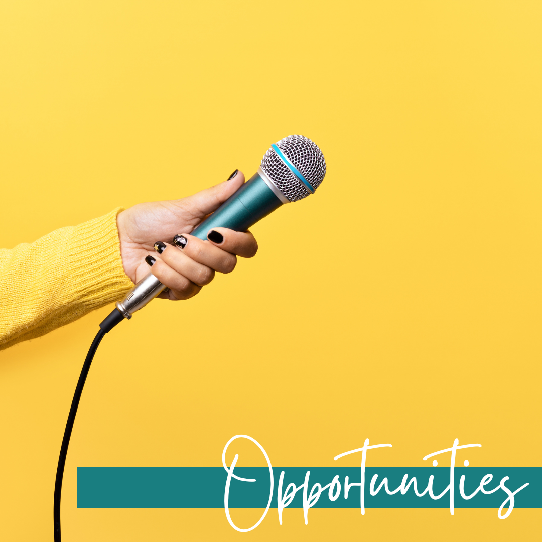 microphone being held out on a yellow background, with the title opportunities.