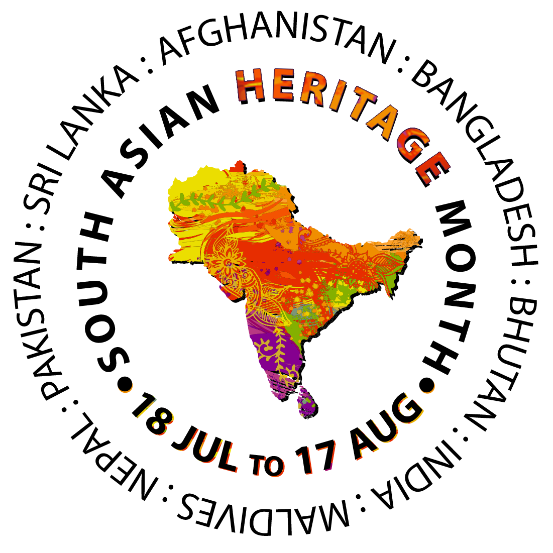 logo for south asian heritage month with an image of South Asia in the middle and the countries listed around it
