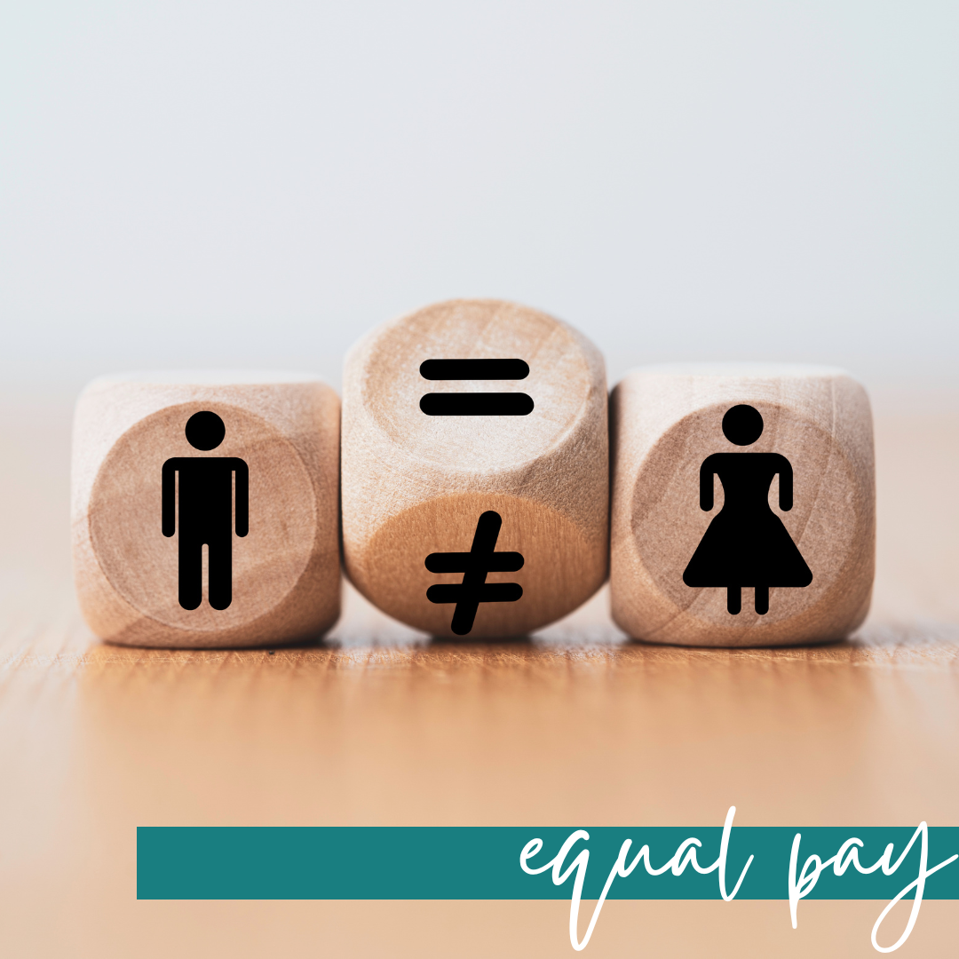 image of three cubes one with a man, one with a woman on either site of one with an equal sign. Banner reads Equal Pay.