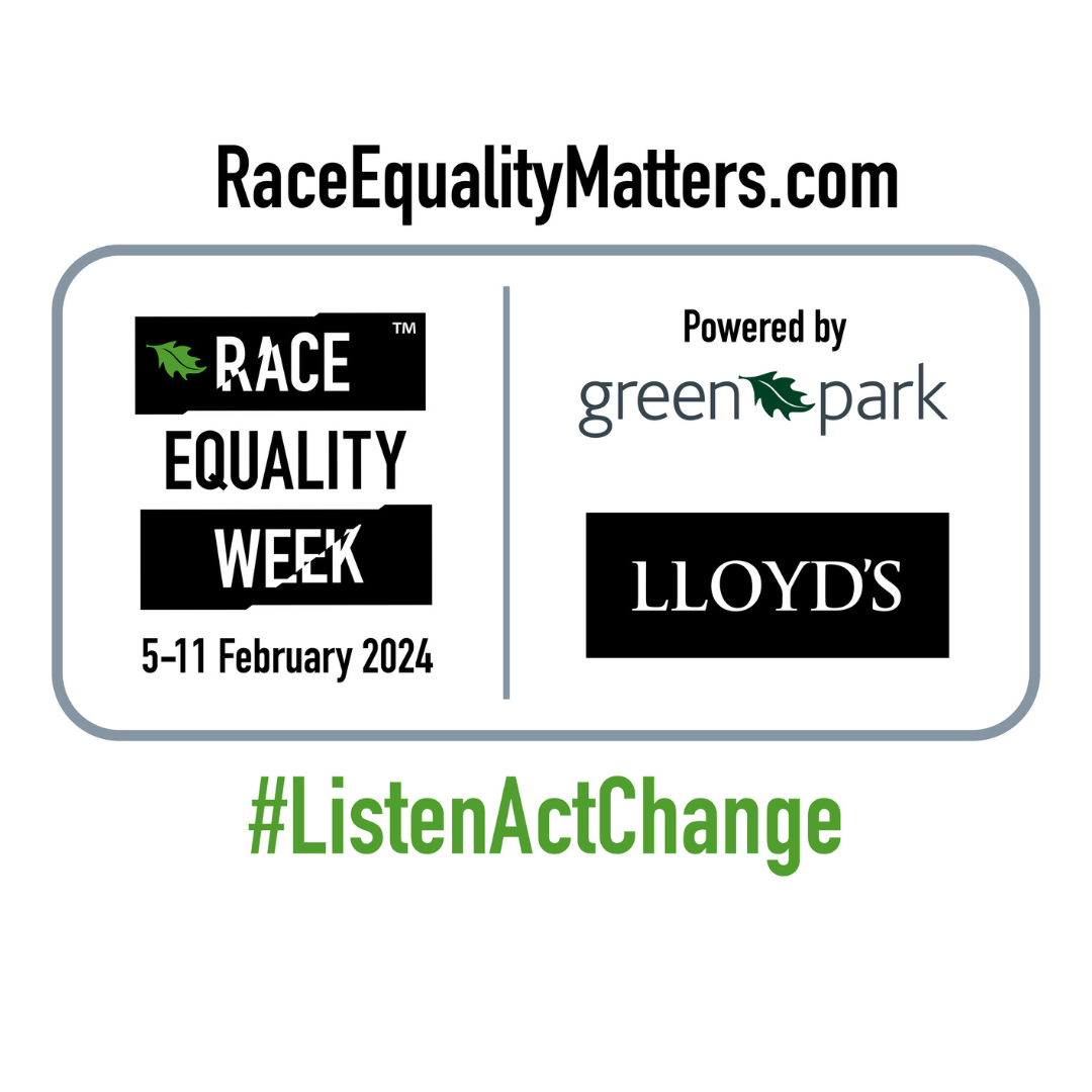 Race Equality Matters logo for Race Equality Week from 5-11 February 2024 #ListenActChange