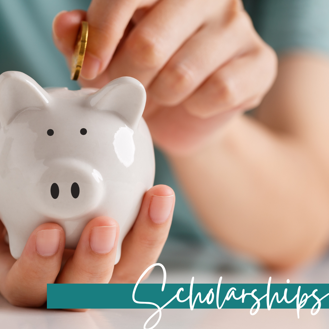 female hand putting money in a piggy bank for saving money. Banner across image has the word scholarships.